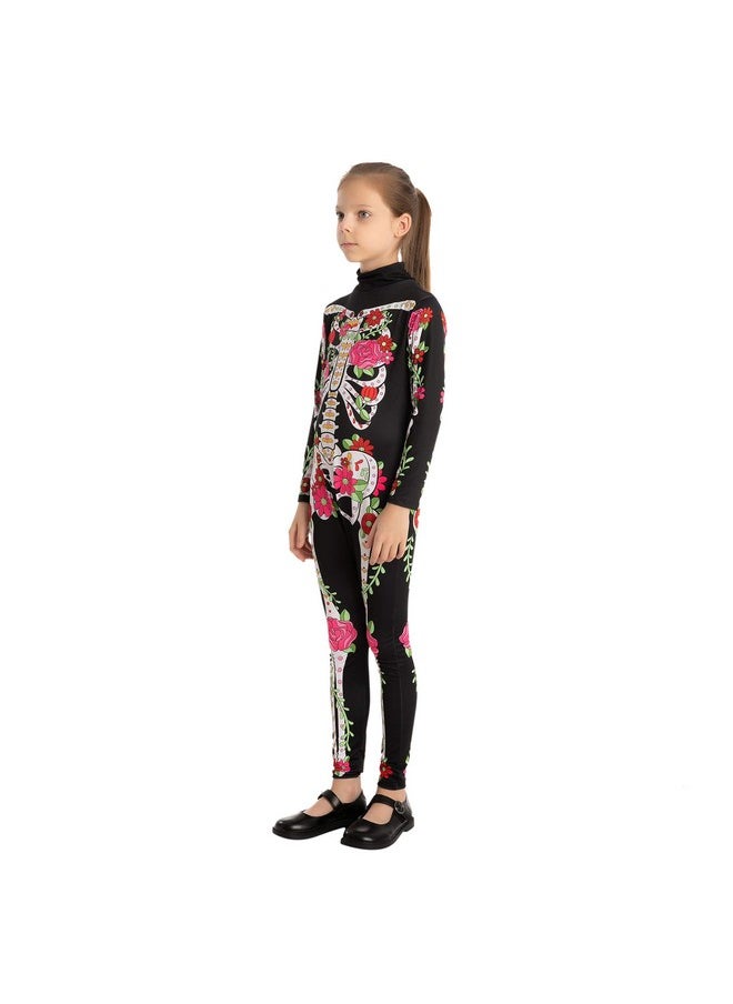 Girls Skeleton Floral Halloween Costume Jumpsuit For Kids Halloween Dress Up-Xl(12-14Yr)