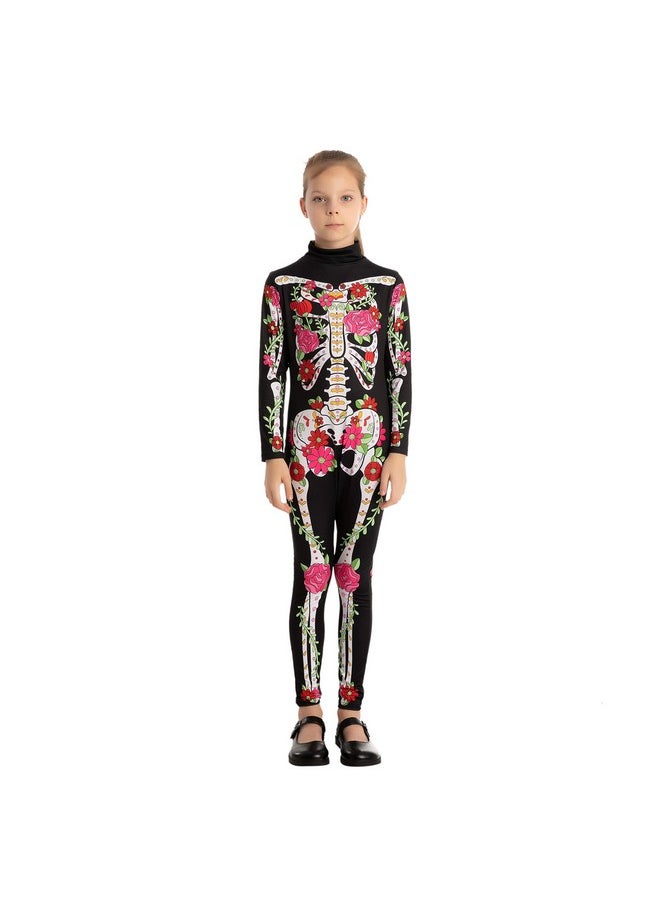 Girls Skeleton Floral Halloween Costume Jumpsuit For Kids Halloween Dress Up-Xl(12-14Yr)