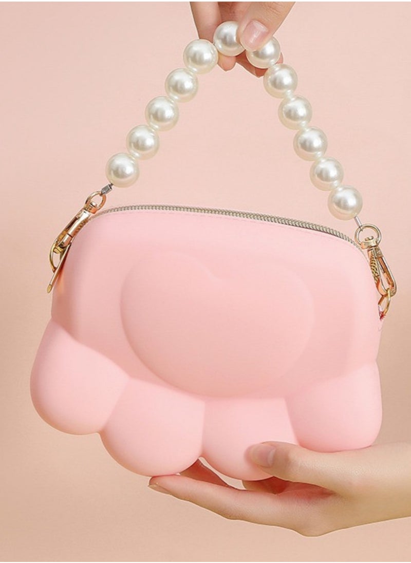 Cute and Stylish Pink Silicone Cat Paw Small Bag,Waterproof Crossbody Pearl Handbag