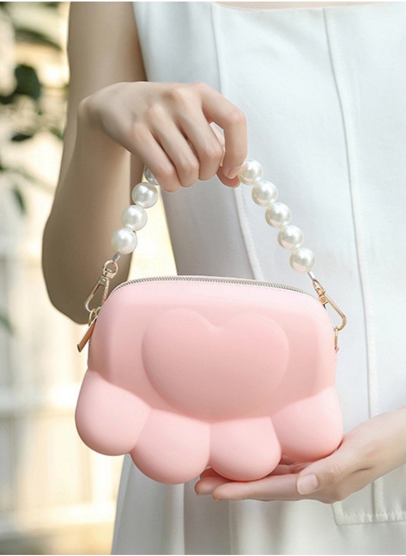 Cute and Stylish Pink Silicone Cat Paw Small Bag,Waterproof Crossbody Pearl Handbag