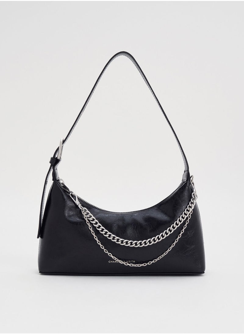 CHARLES & KEITH Shoulder Bag & Crossbody Bag Atwood Crinkle-Effect Chain-Embellished Hobo Bag - Black