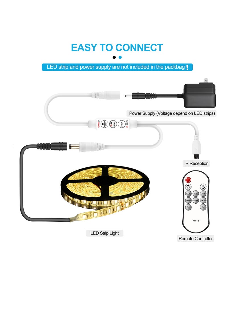 LED Controller, DC Connector LED Dimmer Controller with 11 Keys Wireless Remote Control, Compatible with DC5V-24V Single Color LED Strip Lights, IR LED Controller, White