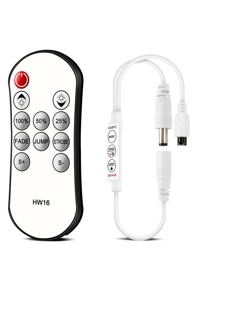 LED Controller, DC Connector LED Dimmer Controller with 11 Keys Wireless Remote Control, Compatible with DC5V-24V Single Color LED Strip Lights, IR LED Controller, White