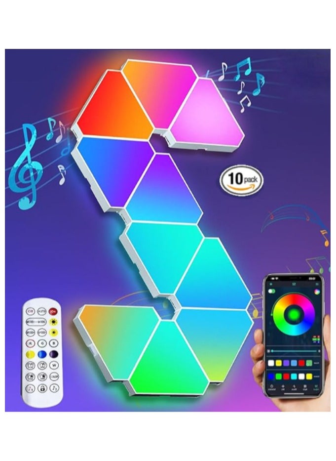 10 Pack Triangle LED Light, RGB Gaming Lights for Gaming Setup, DIY Triangle LED Wall Lights with 6 Connection Ports, APP and Remote Controlled, Music Sync for Gaming Room Bedroom Streaming