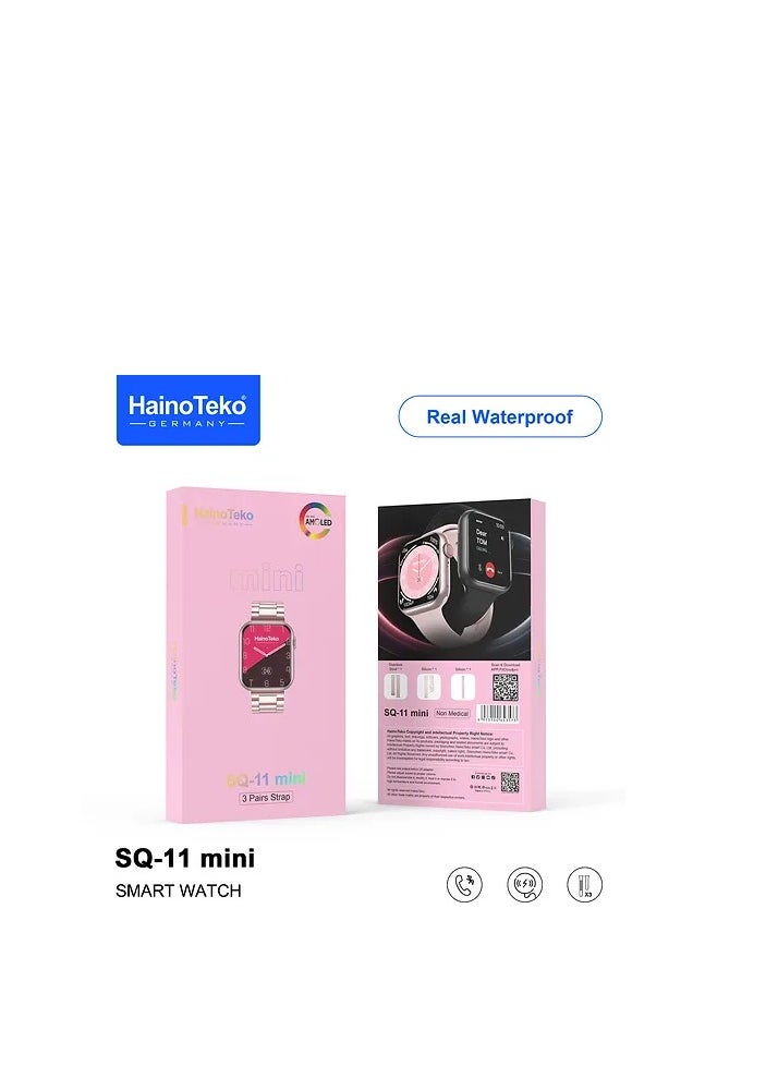 Haino Teko SQ11 Mini Smart Watch With Full Screen AMOLED Display Real Waterproof and 3 Pair Straps For Ladies and Girls Rose Gold