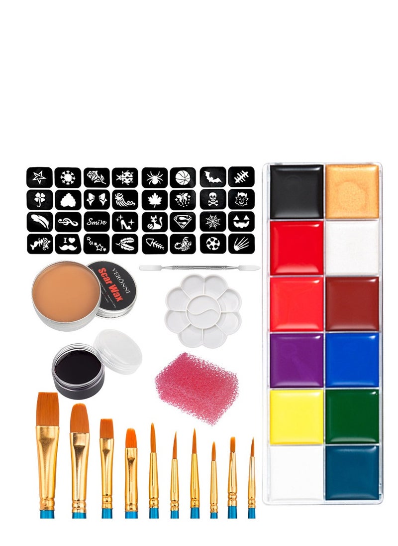 20 PCs Face Paint Kit, Body Paint, With 12 Colors, Vibrant Face Paints Stencils, Paint Brushes, Sponge, Color Scar Wax, Double-ended Makeup Spatula, Fake-Scab-Blood-Wax Makeup Palette, for Sensitive Skin, Boys Girls Kids Special Effects Theme Party, Festival Celebration