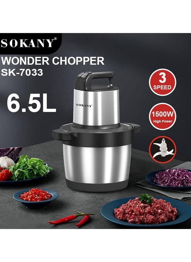 SOKANY 1500W Meat Grinder Electric, Food Grinder 6.5L Stainless Steel Meat Blender Food Chopper for Meat, Vegetables, Fruits and Nuts with 4 Sharp Blades.. (SK-YM-7033, 1500W, 6,5L)