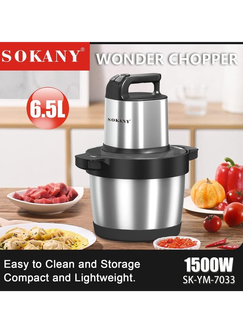 SOKANY 1500W Meat Grinder Electric, Food Grinder 6.5L Stainless Steel Meat Blender Food Chopper for Meat, Vegetables, Fruits and Nuts with 4 Sharp Blades.. (SK-YM-7033, 1500W, 6,5L)