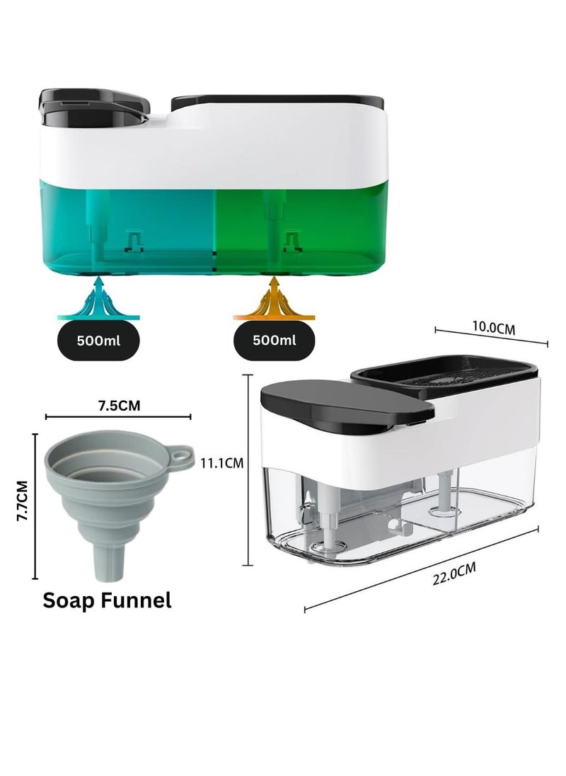 3-in-1 Wall-Mounted Soap Dispenser with Sponge Holder, 1000ml Capacity