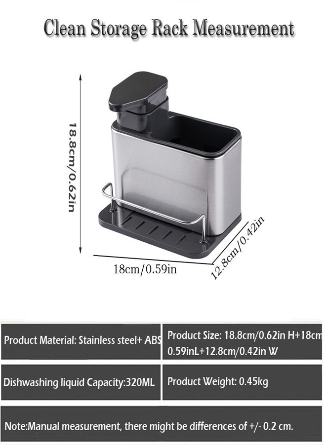 Refillable Liquid Dish Soap Dispenser, Large Capacity Detergent Pump Bottle, Sink Caddy Sponge Holder Rack Shelf, for Hand Sanitizer, Bathroom Shower, Kitchen–Stainless Steel in 10.82oz, 320ML