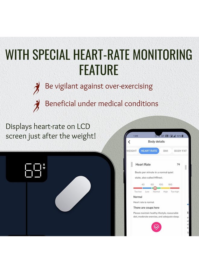 Bluetooth Bmi Weight Machine For Body Weight, Digital Body Fat Analyzer Machine & Smart Body Composition Scale With Mobile App, 15 Body Composition, Led Display, Bia Technology & 1 Year Warranty - Healthu+ Bs 181