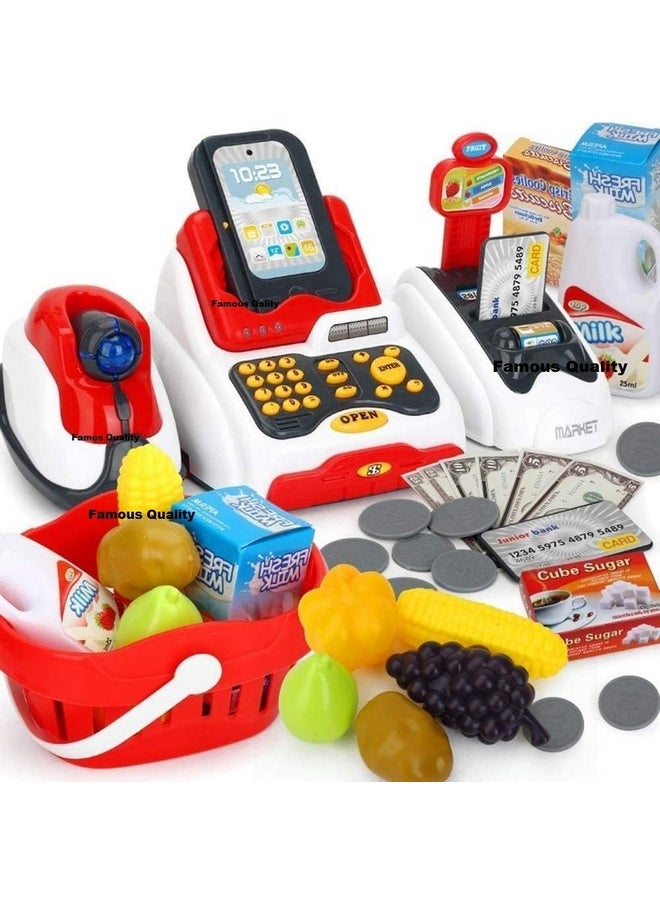 Toy Cash Register For Kids With Checkout Scanner, And Food Shopping Play Money And Food Shopping Play Set (Pack Of 1 Set)