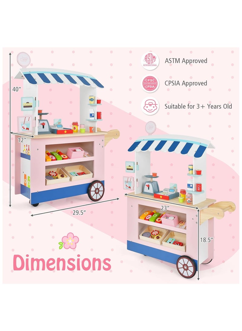 Kids Food Cart Playset – 30-Piece Wooden Toddler Pretend Play Grocery Store Set with Cash Register, Scale, and Wheels, Dessert Shop Market, Gift for Boys and Girls 3+ Years