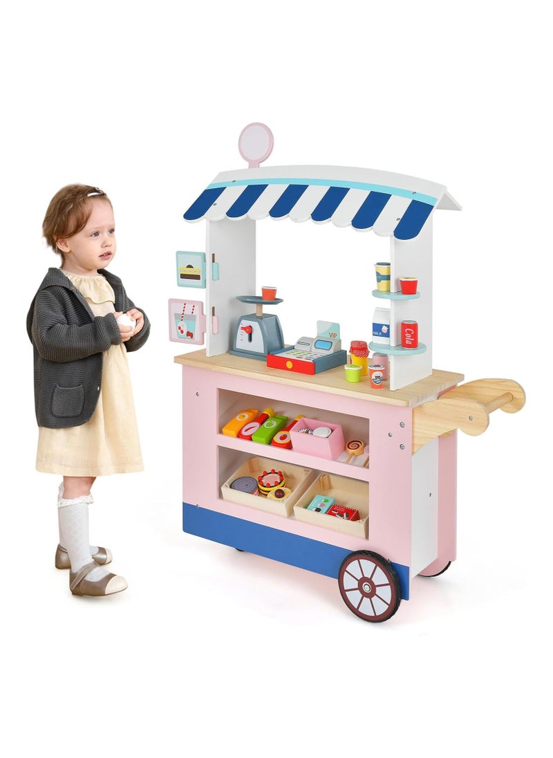 Kids Food Cart Playset – 30-Piece Wooden Toddler Pretend Play Grocery Store Set with Cash Register, Scale, and Wheels, Dessert Shop Market, Gift for Boys and Girls 3+ Years