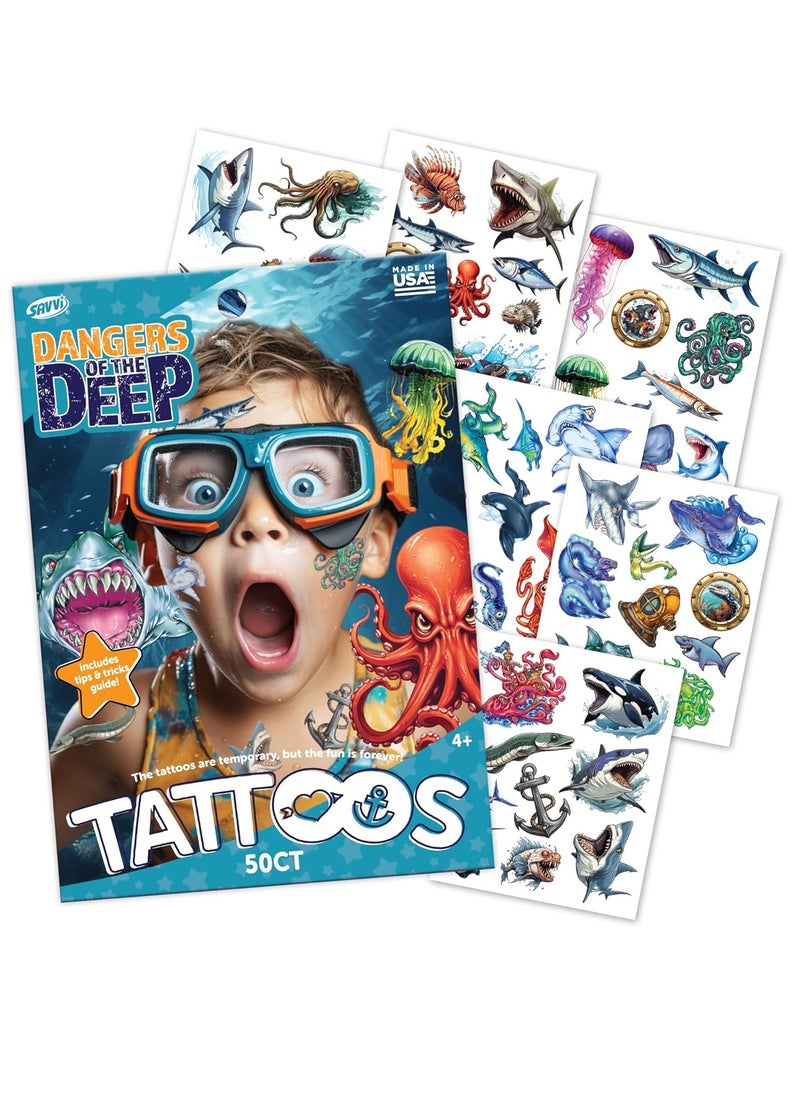 Savvi - 50 Sea Creature Temporary Tattoos: Skin-Safe Ink, Great for Birthday Parties, Gifts for Boys and Girls Ages 4-12+, Made in the USA [6 sheets, 50 count]