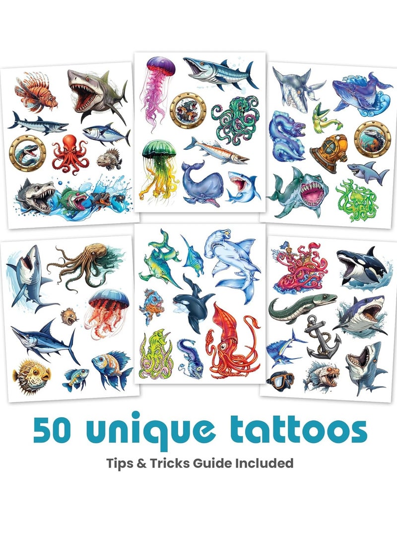 Savvi - 50 Sea Creature Temporary Tattoos: Skin-Safe Ink, Great for Birthday Parties, Gifts for Boys and Girls Ages 4-12+, Made in the USA [6 sheets, 50 count]