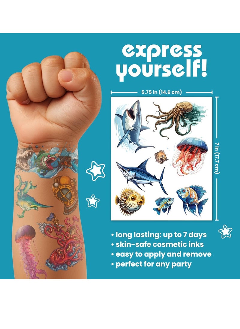 Savvi - 50 Sea Creature Temporary Tattoos: Skin-Safe Ink, Great for Birthday Parties, Gifts for Boys and Girls Ages 4-12+, Made in the USA [6 sheets, 50 count]