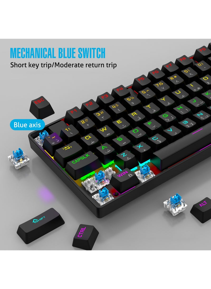 Gaming Keyboard Arabic English 104 Keys Mechanical Keyboard with RGB Backlit 19 Modes Wired Keyboard PBT Keycaps for PC Gaming and Working (Blue Switch)