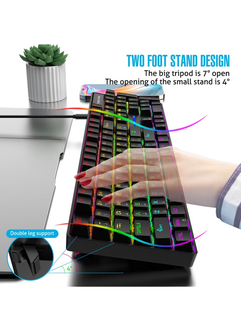 Gaming Keyboard Arabic English 104 Keys Mechanical Keyboard with RGB Backlit 19 Modes Wired Keyboard PBT Keycaps for PC Gaming and Working (Blue Switch)