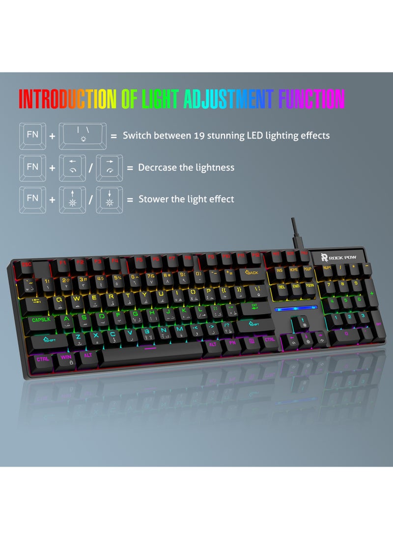 Gaming Keyboard Arabic English 104 Keys Mechanical Keyboard with RGB Backlit 19 Modes Wired Keyboard PBT Keycaps for PC Gaming and Working (Blue Switch)
