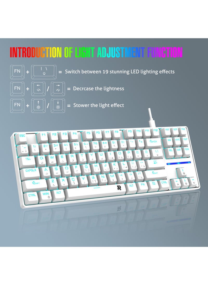 75% Gaming Keyboard Arabic English 87 Keys Mechanical Keyboard with RGB Backlit 19 Modes Wired Mini Keyboard PBT Keycaps for PC Gaming and Working (Red Switch)