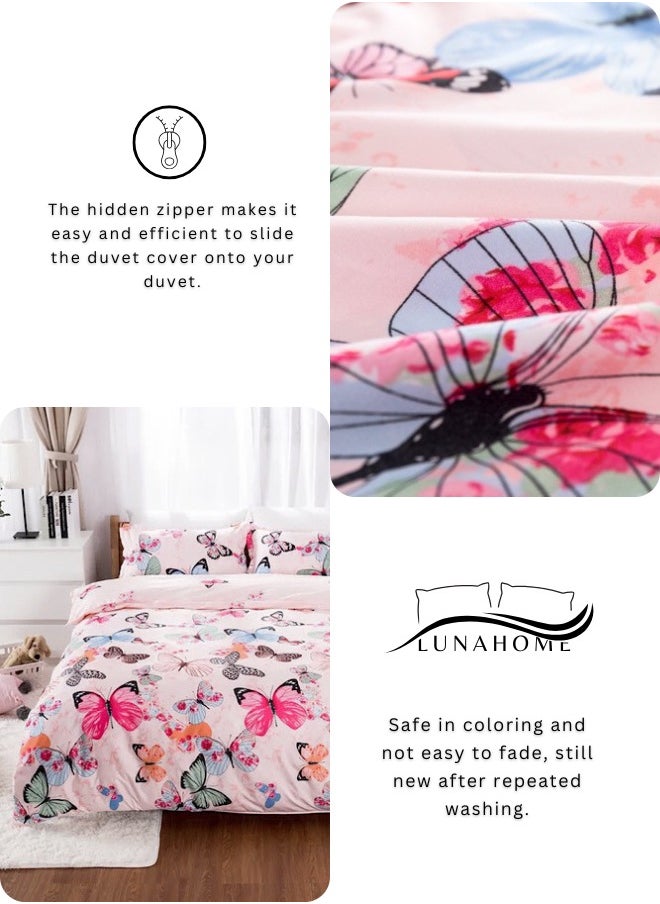 King size 6-piece duvet cover set featuring a charming pink butterfly design.