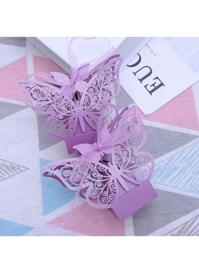 24Pcs Butterfly Candy Boxes Laser Cut Diy Paper Box With Ribbons For Wedding Bridal Birthday Baby Shower Party Suppliers (Purple)