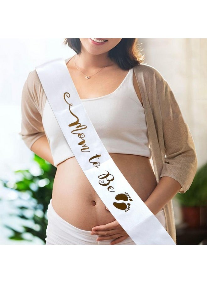 Mom To Be Sash White Satin Sash With Gold Letter Best Baby Shower Mommy Decorations Mother Gifts Gender Reveal Welcome Baby (White)