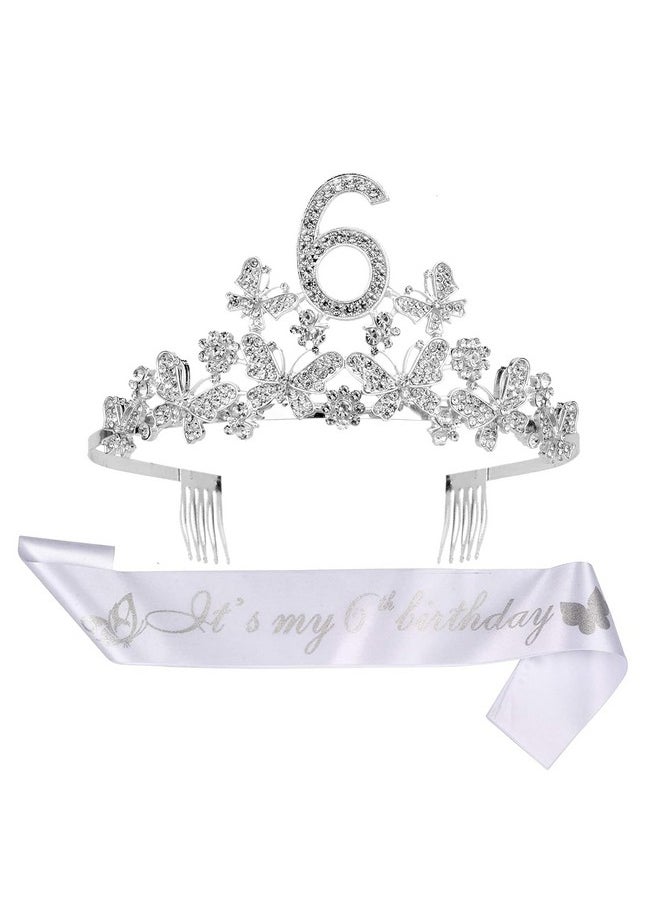 6Th Birthday Glitter Sash And Rhinestone Tiara For Girls - Fabulous Butterflies Sash + Premium Metal Tiara For Princess Birthday Party