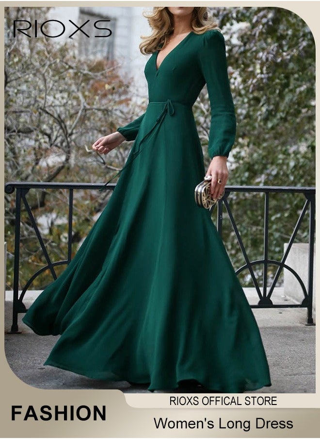 Women's Elegant High Waist Maxi Dress, V-neck Long-sleeved Dress, Ruched Wrap Long Dress with Back Zipper and Belt, Stylish Exquisite Evening Prom Dress, Perfect for Both Casual and Formal Occasions