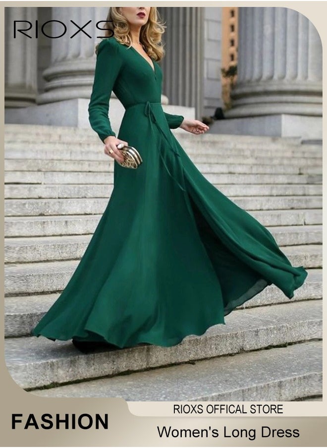 Women's Elegant High Waist Maxi Dress, V-neck Long-sleeved Dress, Ruched Wrap Long Dress with Back Zipper and Belt, Stylish Exquisite Evening Prom Dress, Perfect for Both Casual and Formal Occasions