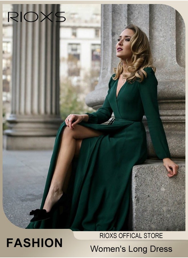 Women's Elegant High Waist Maxi Dress, V-neck Long-sleeved Dress, Ruched Wrap Long Dress with Back Zipper and Belt, Stylish Exquisite Evening Prom Dress, Perfect for Both Casual and Formal Occasions