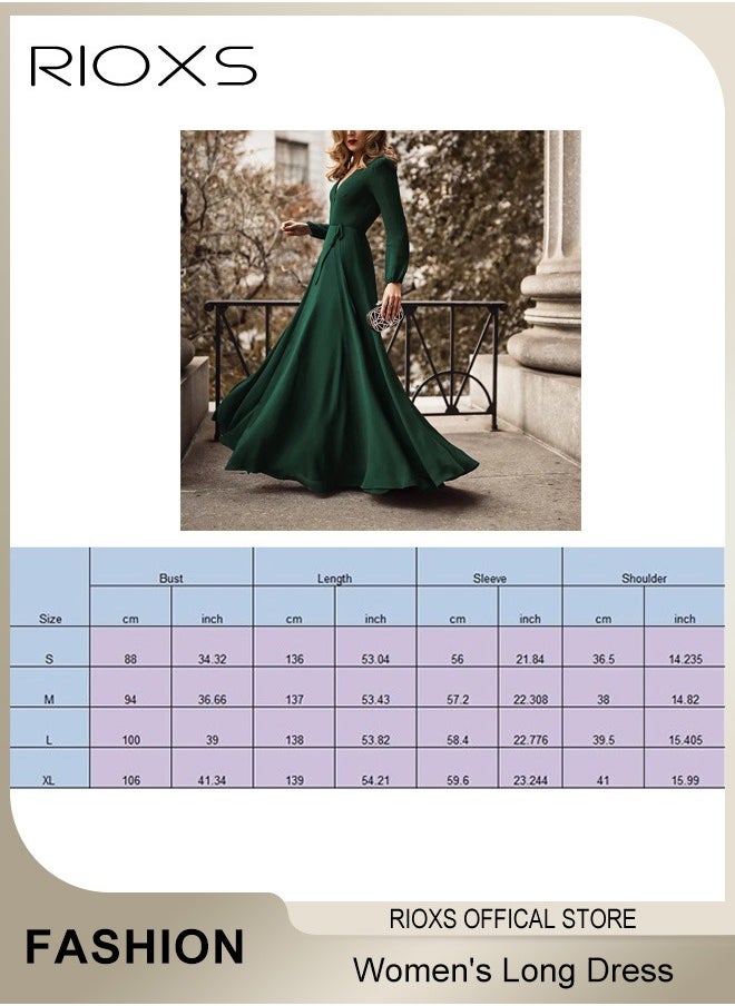 Women's Elegant High Waist Maxi Dress, V-neck Long-sleeved Dress, Ruched Wrap Long Dress with Back Zipper and Belt, Stylish Exquisite Evening Prom Dress, Perfect for Both Casual and Formal Occasions