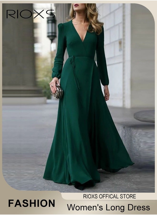 Women's Elegant High Waist Maxi Dress, V-neck Long-sleeved Dress, Ruched Wrap Long Dress with Back Zipper and Belt, Stylish Exquisite Evening Prom Dress, Perfect for Both Casual and Formal Occasions