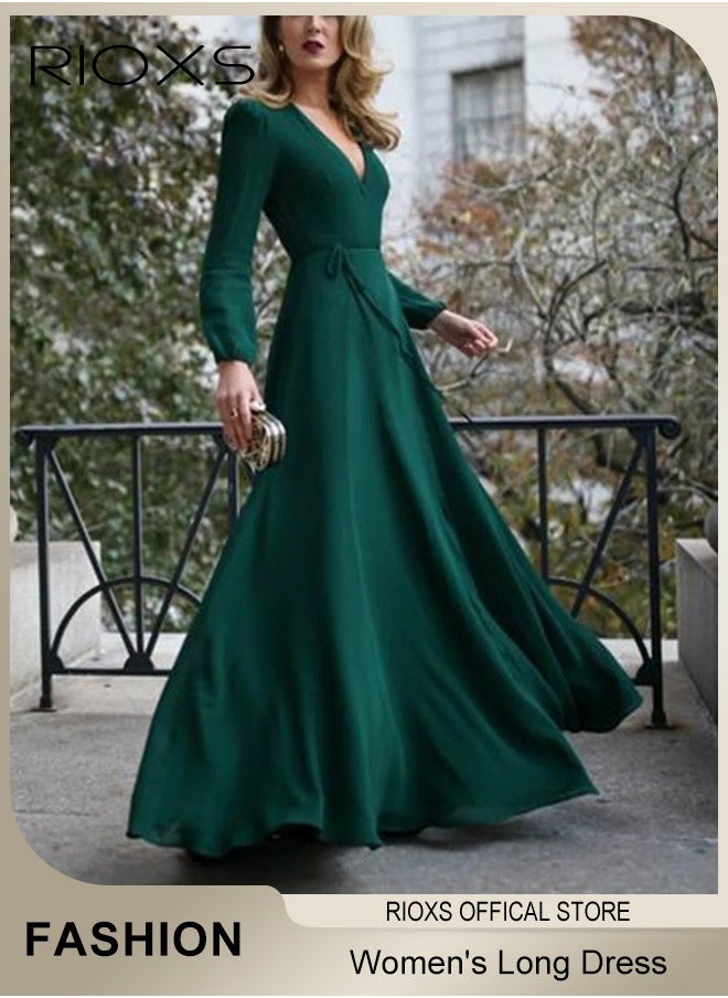 Women's Elegant High Waist Maxi Dress, V-neck Long-sleeved Dress, Ruched Wrap Long Dress with Back Zipper and Belt, Stylish Exquisite Evening Prom Dress, Perfect for Both Casual and Formal Occasions