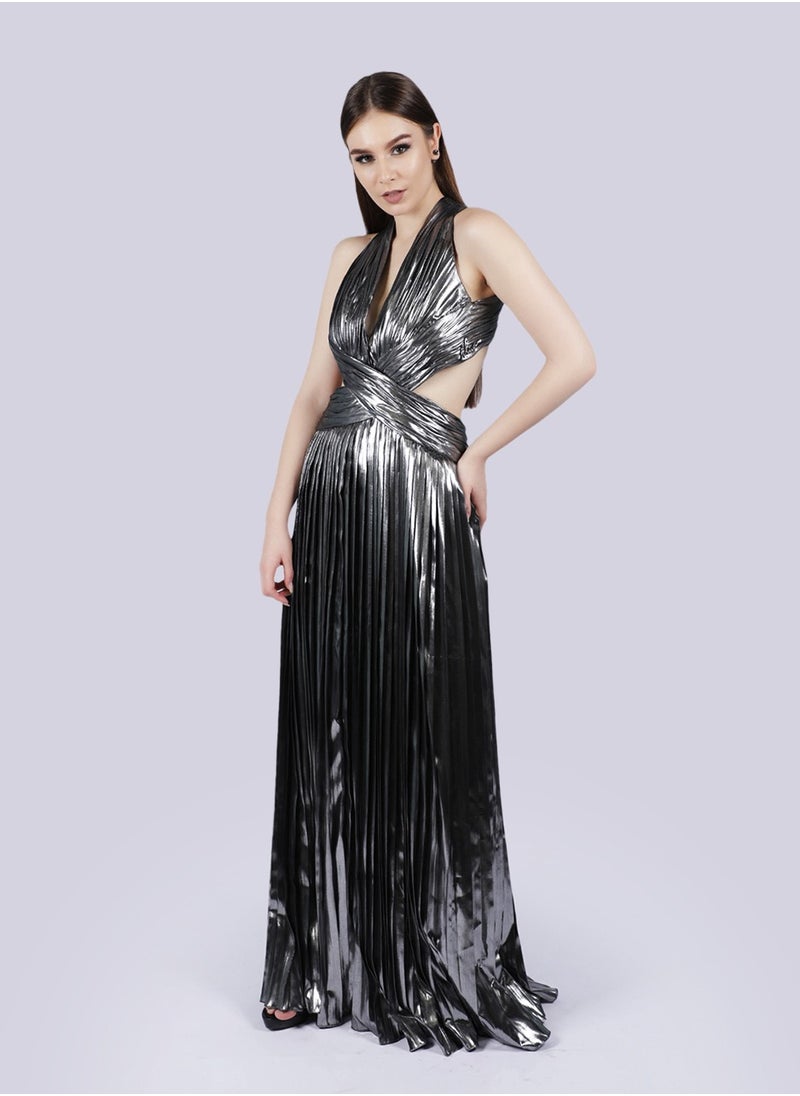 Admire - Drape Metallic Silver Pleated Gown Dress