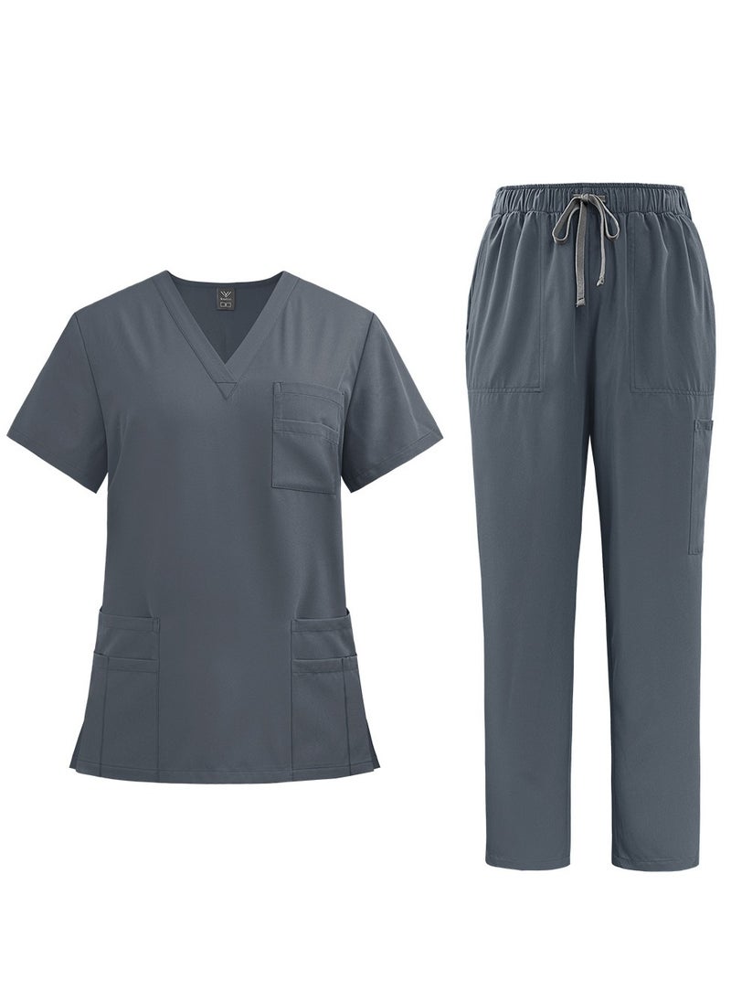 Womens Men Medical Scrubs Set Unisex Scrub Top and Scrub Pant Set Medical Uniform Scrubs Medical Uniform Set (Grey)