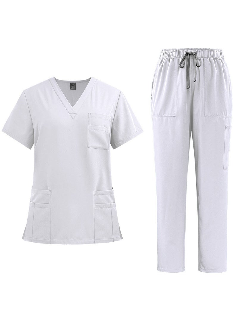 Womens Men Medical Scrubs Set Unisex Scrub Top and Scrub Pant Set Medical Uniform Scrubs Medical Uniform Set (White)