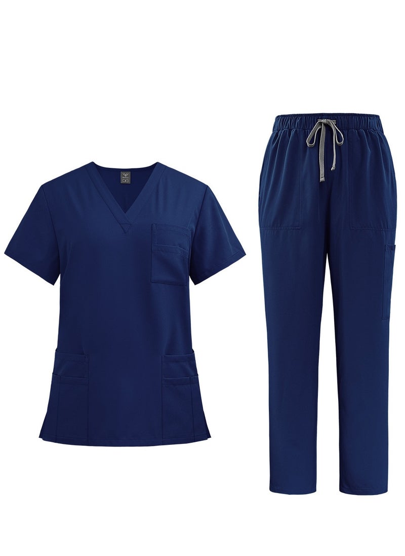 Womens Men Medical Scrubs Set Unisex Scrub Top and Scrub Pant Set Medical Uniform Scrubs Medical Uniform Set (Dark Blue)