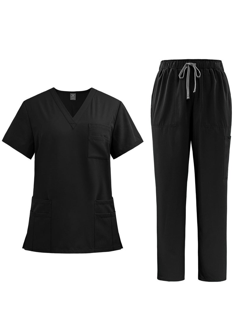 Womens Men Medical Scrubs Set Unisex Scrub Top and Scrub Pant Set Medical Uniform Scrubs Medical Uniform Set (Black)