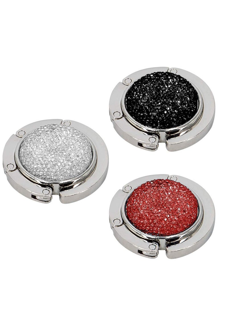 Foldable Purse Hook, Floding Handbag Hanger Bling Rhinestone Bag Holder for Table Desk 3PCS Black White Red