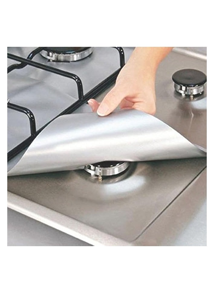 4P Stovetop Burner Protectors, 4Pcs Black & Reusable Cooking Kitchen Non-Stick Gas Range Protectors Silver