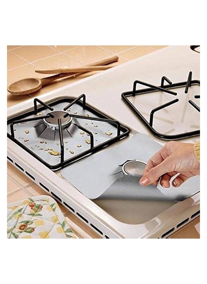 4P Stovetop Burner Protectors, 4Pcs Black & Reusable Cooking Kitchen Non-Stick Gas Range Protectors Silver