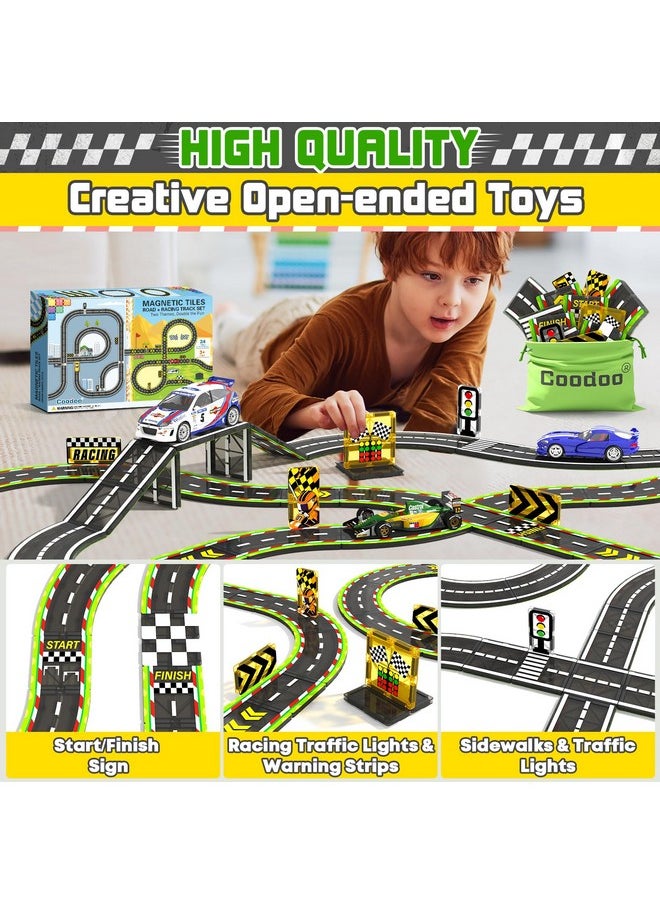 Magnetic Tiles Racing Track & City Road Expansion Pack - Kids Toys Stem Learning Montessori Toys For Toddler Magnetic Blocks Building Toys For 3+ Year Old Boys & Girls, Sensory Play Kids Toys