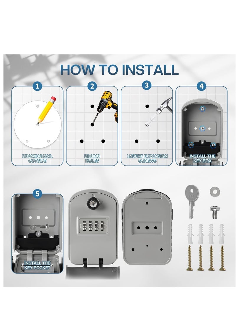 Key Lock Box Extra Large, 4 Digit Lock and Spare Key Combination Key Safe Box Wall Mounted for Outdoor, Waterproof Key Storage Box Cabinets for Home Office Garage School Grey