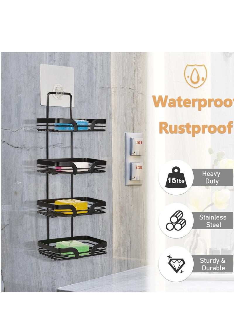 4 Tier Soap Dish Holder with Hooks, Rustproof Stainless Steel Holder, Drill-Free Shampoo bar Holder, Suitable for Shower Wall, Bathroom, Kitchen Sink (Black)