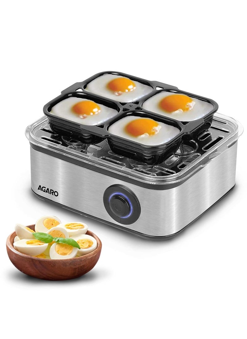 AGARO Grand Egg Boiler and Poacher,2-in1 Boils 8 Eggs, Poach 4 Eggs, Steamed Vegetables, 3 Boiling Modes, Stainless Steel Body, Transparent Lid, 500 Watts, Silver