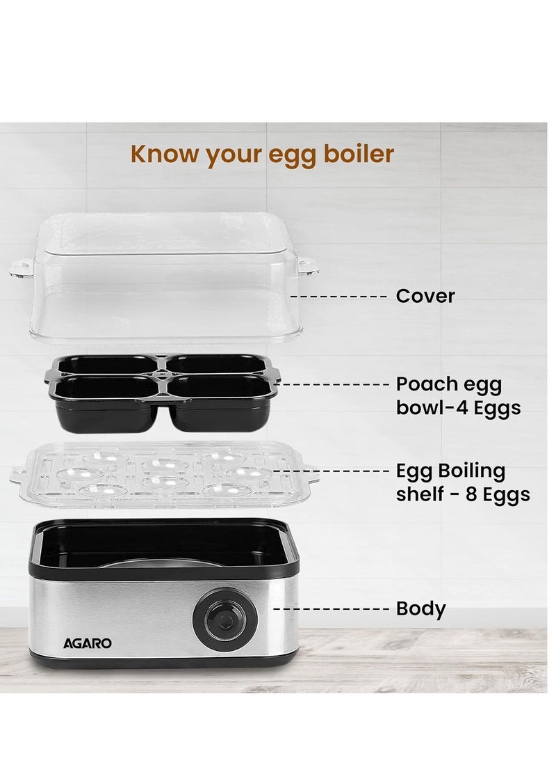 AGARO Grand Egg Boiler and Poacher,2-in1 Boils 8 Eggs, Poach 4 Eggs, Steamed Vegetables, 3 Boiling Modes, Stainless Steel Body, Transparent Lid, 500 Watts, Silver