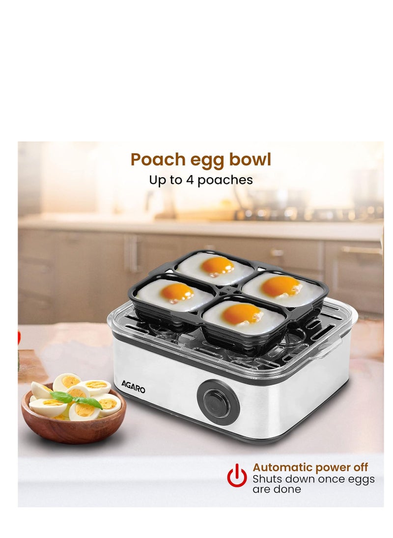 AGARO Grand Egg Boiler and Poacher,2-in1 Boils 8 Eggs, Poach 4 Eggs, Steamed Vegetables, 3 Boiling Modes, Stainless Steel Body, Transparent Lid, 500 Watts, Silver