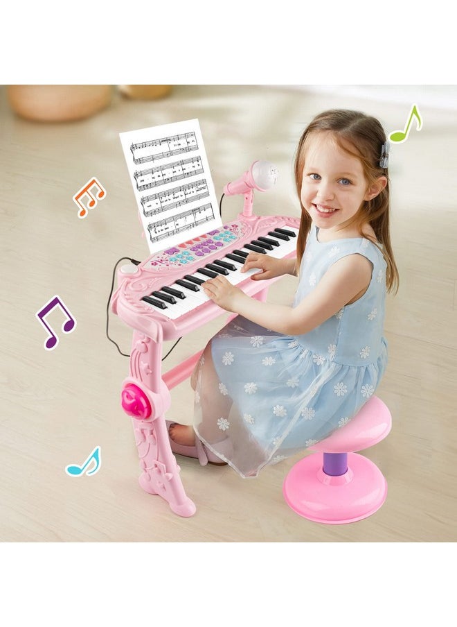 Kids Piano Keyboard Toys For 3+ Year Old Girls 37 Keys Piano For Kids With Stool And Microphone Electronic Keyboards Musical Educational Toys Birthday Gifts For Girls Age 3-6, Pink